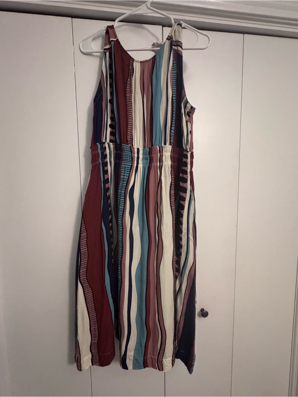 Umgee Multicolor Vertical Stripe Midi Dress in Maroon, Teal, Cream